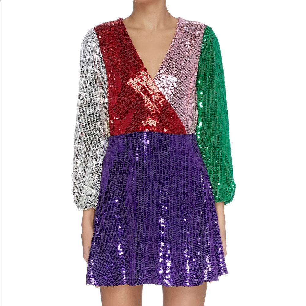 Alice and Olivia Blaze sequin mini dress metallic 0 2 4 XS Small rainbow vintage